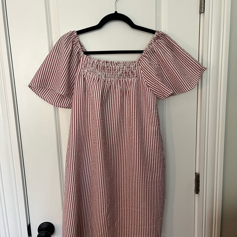 Seer Sucker Striped Red and White Off-Shoulder Dress